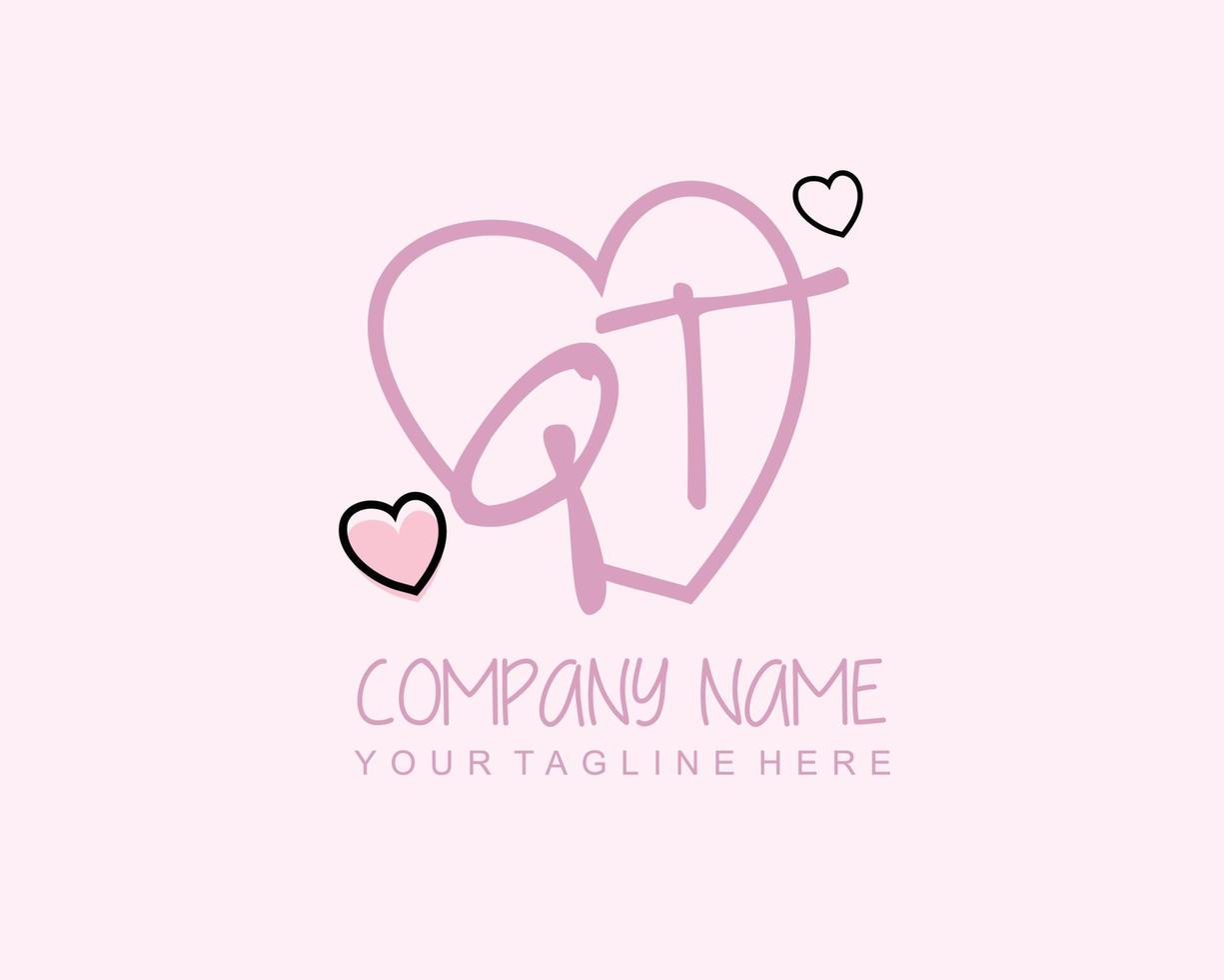 Initial QT with heart love logo template vector