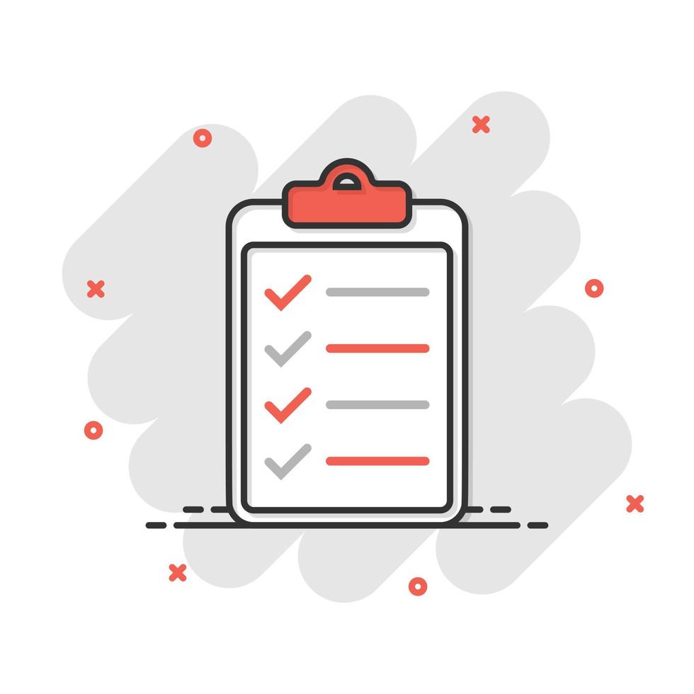 To do list icon in comic style. Document checklist cartoon vector illustration on white isolated background. Notepad check mark splash effect business concept.