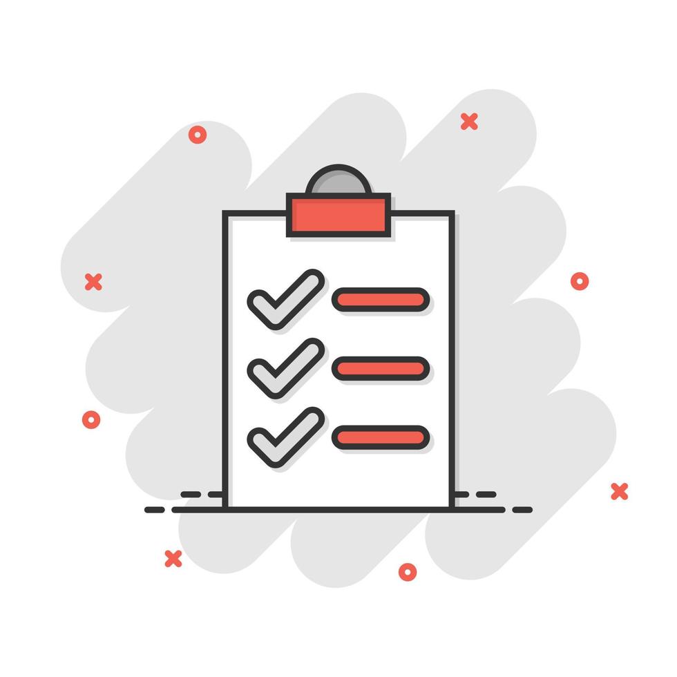 To do list icon in comic style. Document checklist cartoon vector illustration on white isolated background. Notepad check mark splash effect business concept.