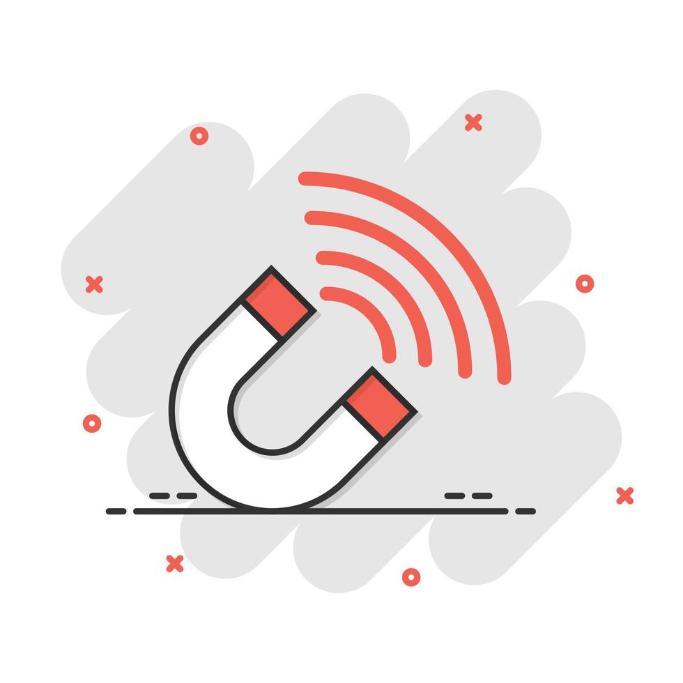 Magnet icon in comic style. Attract cartoon vector illustration on white isolated background. Electromagnetic splash effect business concept.