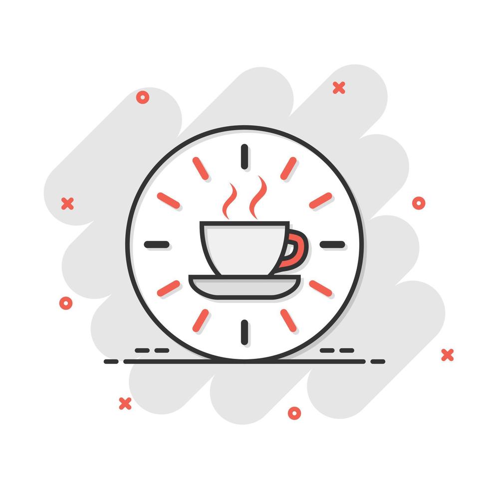 Coffee break icon in comic style. Clock with tea cup cartoon vector illustration on white isolated background. Breakfast time splash effect business concept.