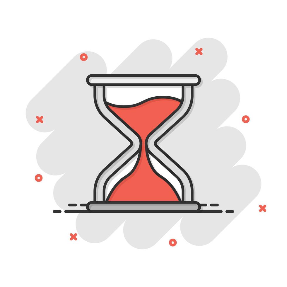 Hourglass icon in comic style. Sandglass cartoon vector illustration on white isolated background. Clock splash effect business concept.