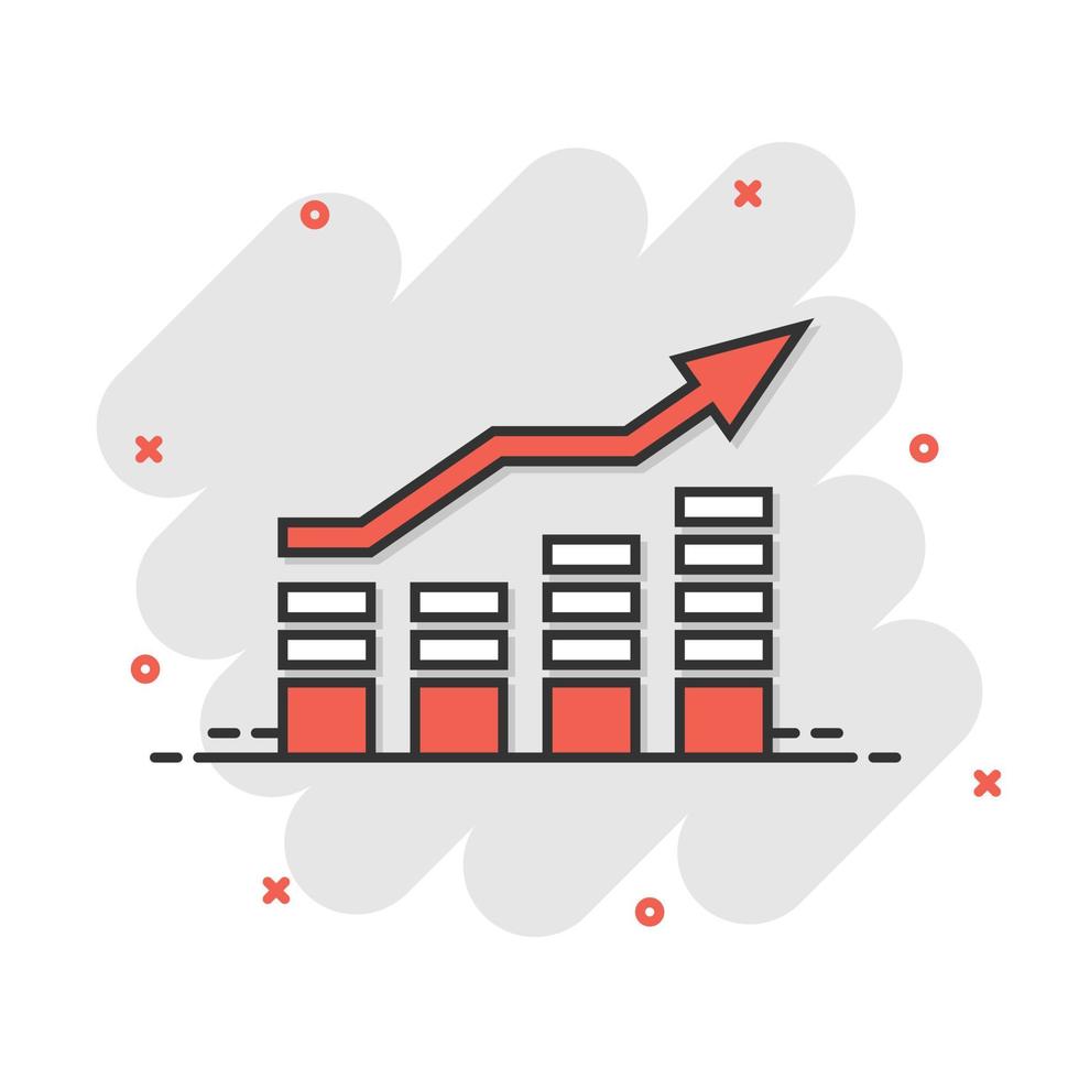 Chart graph icon in comic style. Arrow grow cartoon vector illustration on white isolated background. Analysis splash effect business concept.
