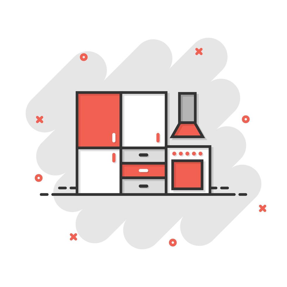 Kitchen furniture icon in comic style. Cuisine cartoon vector illustration on white isolated background. Cooking room splash effect business concept.