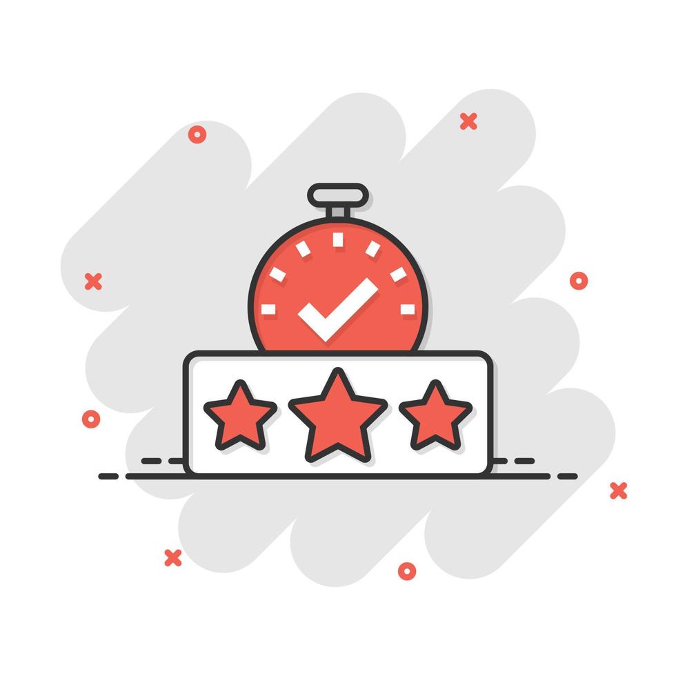 Rating result icon in comic style. Clock with stars cartoon vector illustration on white isolated background. Satisfaction splash effect business concept.
