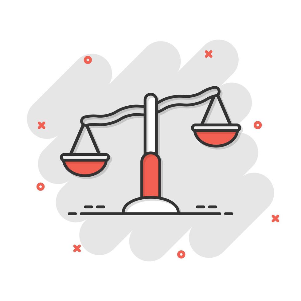 Scale balance icon in comic style. Justice cartoon vector illustration on white isolated background. Judgment splash effect business concept.