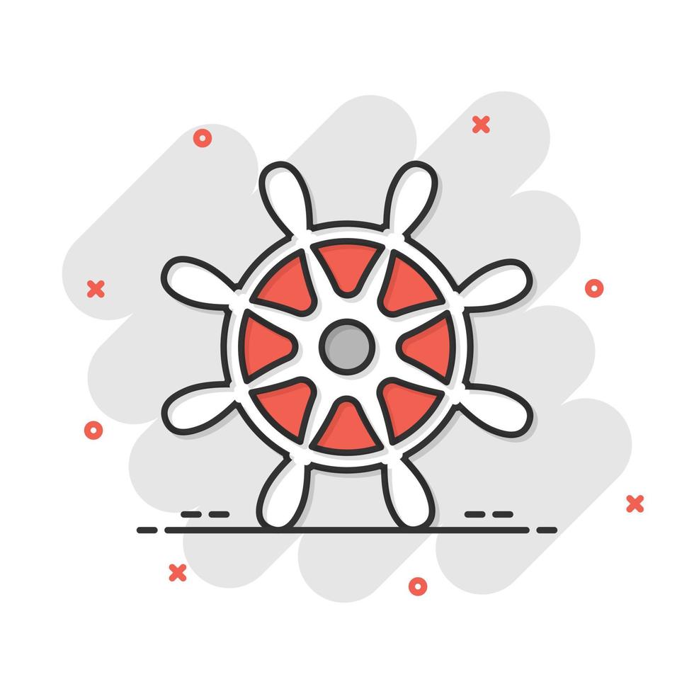 Helm wheel icon in comic style. Navigate steer cartoon vector illustration on white isolated background. Ship drive splash effect business concept.