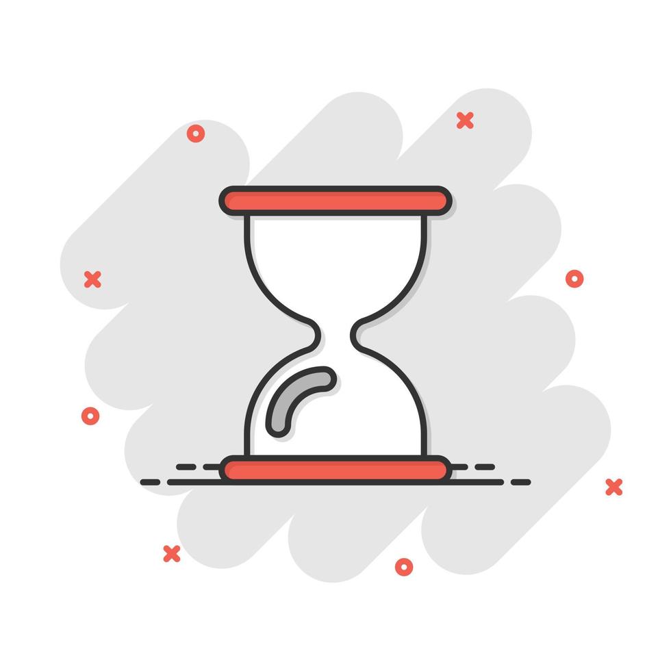 icono de reloj de arena en estilo cómico. ilustración de vector de dibujos animados de reloj de arena sobre fondo blanco aislado. concepto de negocio de efecto de salpicadura de reloj.