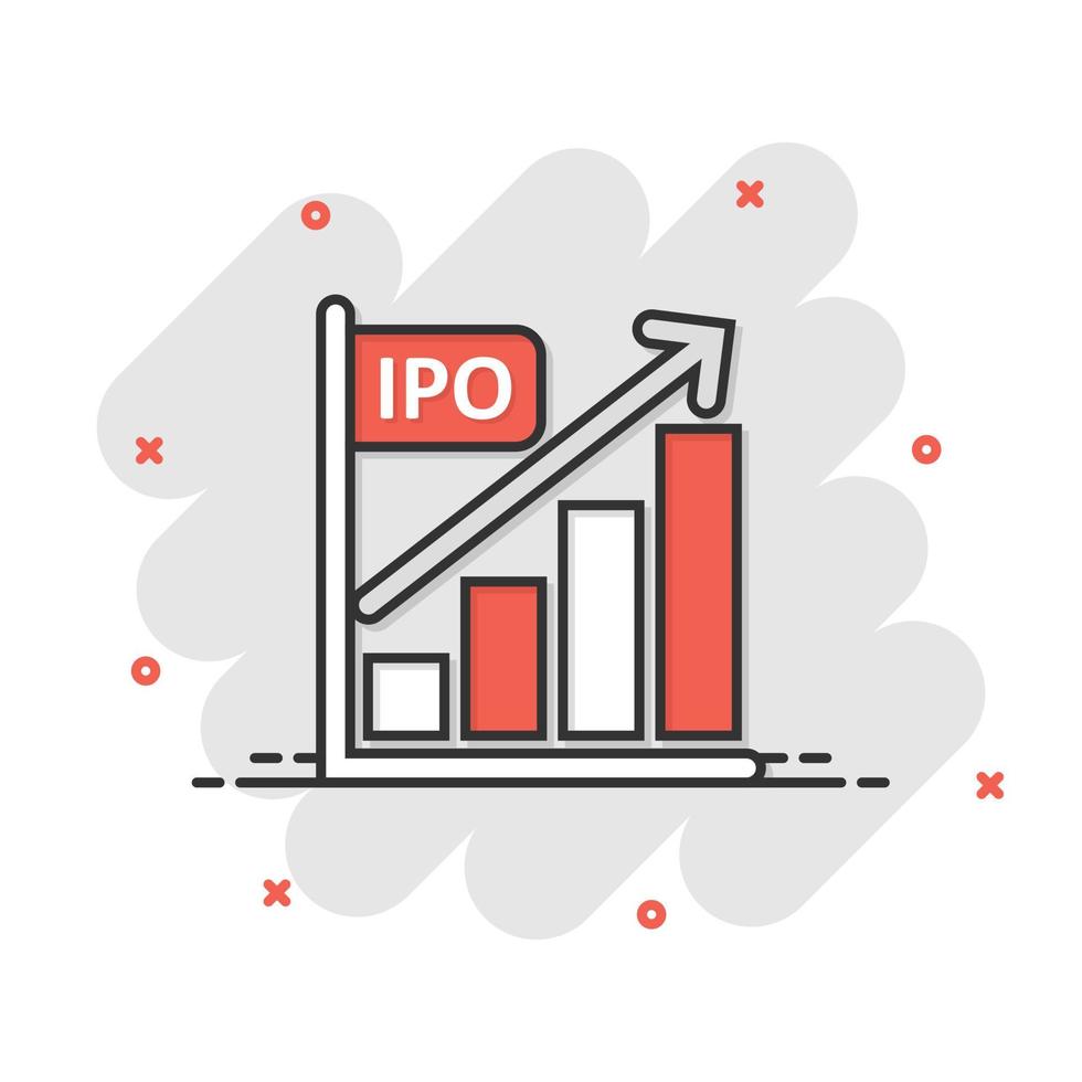 Chart graph icon in comic style. Arrow grow cartoon vector illustration on white isolated background. Analysis splash effect business concept.