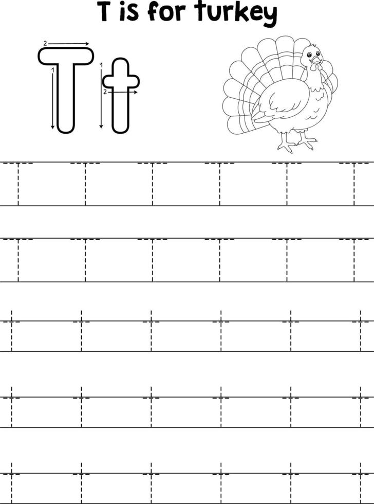 Turkey Animal Tracing Letter ABC Coloring Page T vector