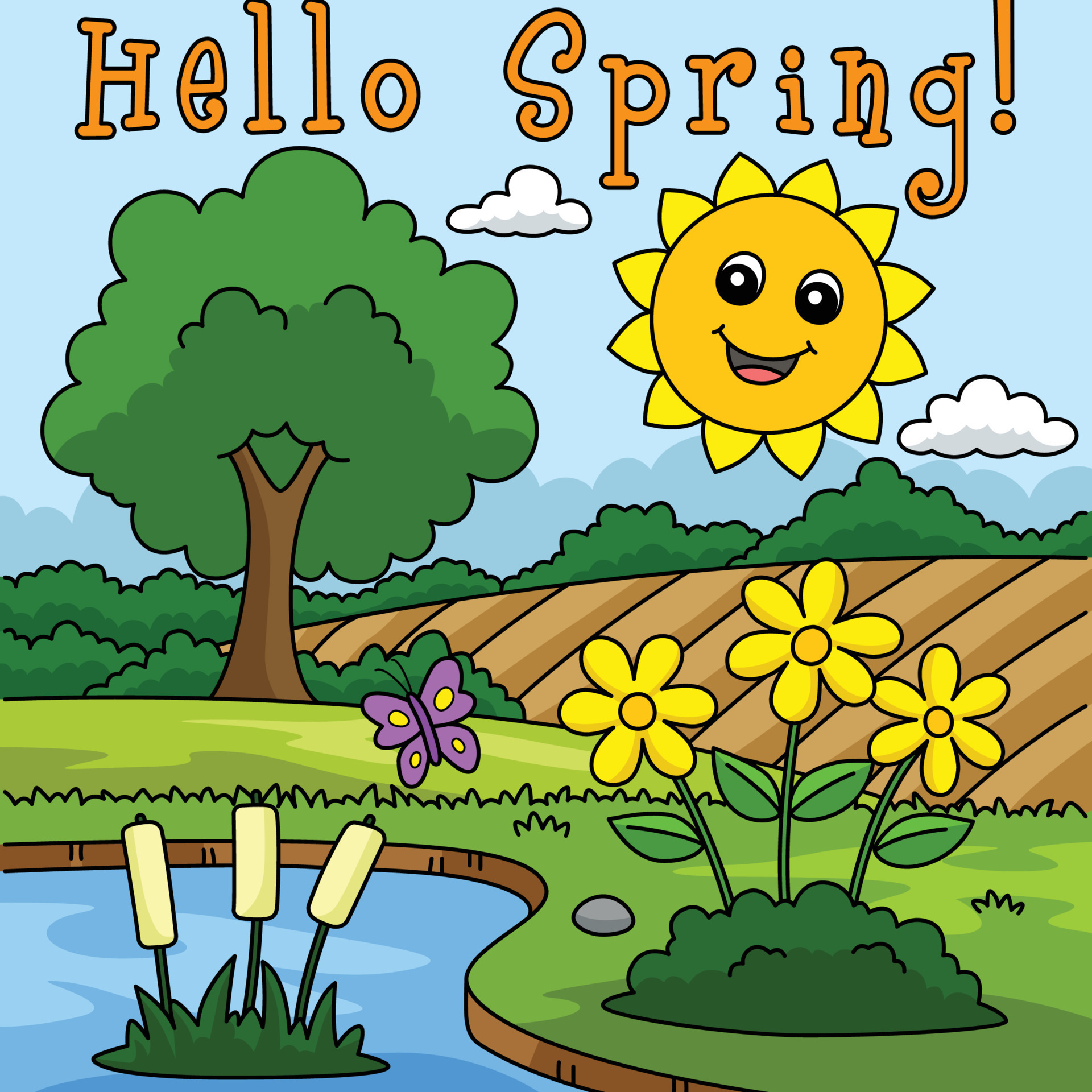 Hello Spring Smiling Sun Colored Cartoon 20088392 Vector Art at Vecteezy