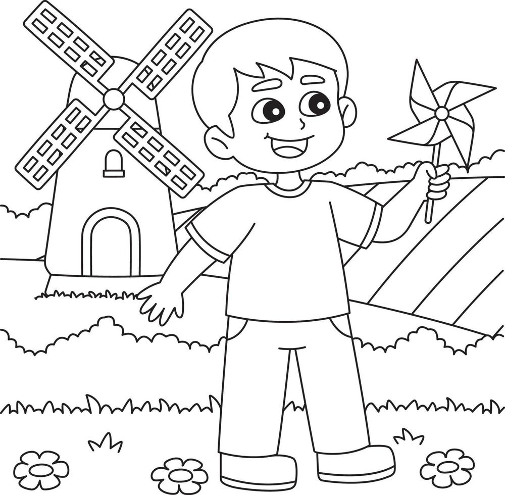 Spring Boy Holding a Pinwheel Coloring Page 20088398 Vector Art at Vecteezy