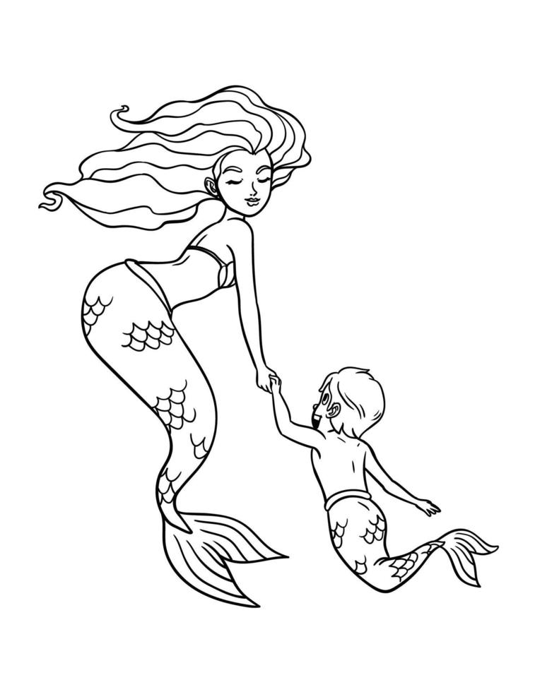 Mermaid and Young Merman Isolated Coloring Page 20088399 Vector Art at ...