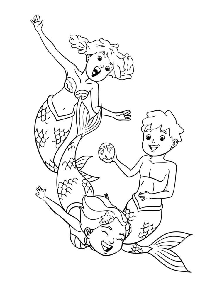 Mermaid and Merman Playing Isolated Coloring Page vector