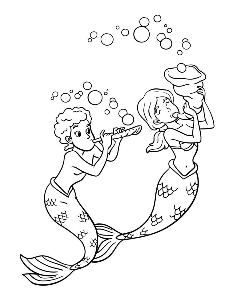 Mermaid Playing Flute Isolated Coloring Page vector