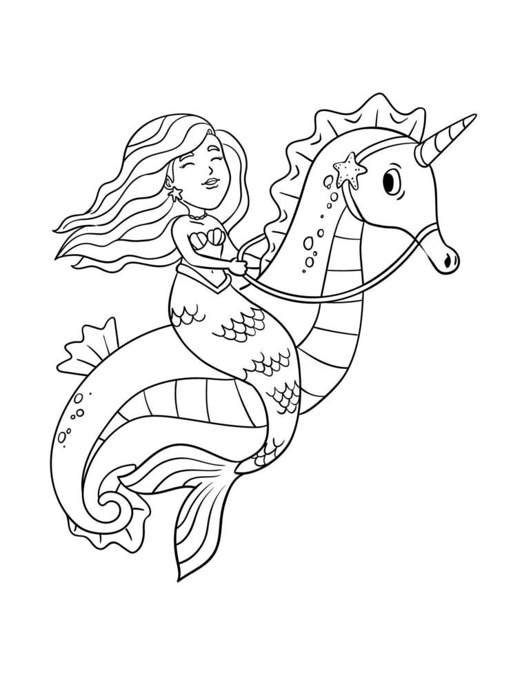Mermaid Riding Sea Horse Isolated Coloring Page 20088403 Vector Art at