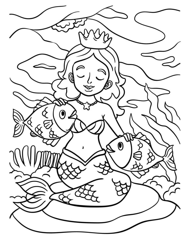 Princess Mermaid and Fish Coloring Page for Kids vector