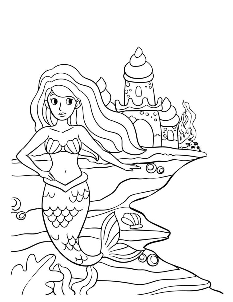 Beautiful Mermaid Isolated Coloring Page for Kids vector