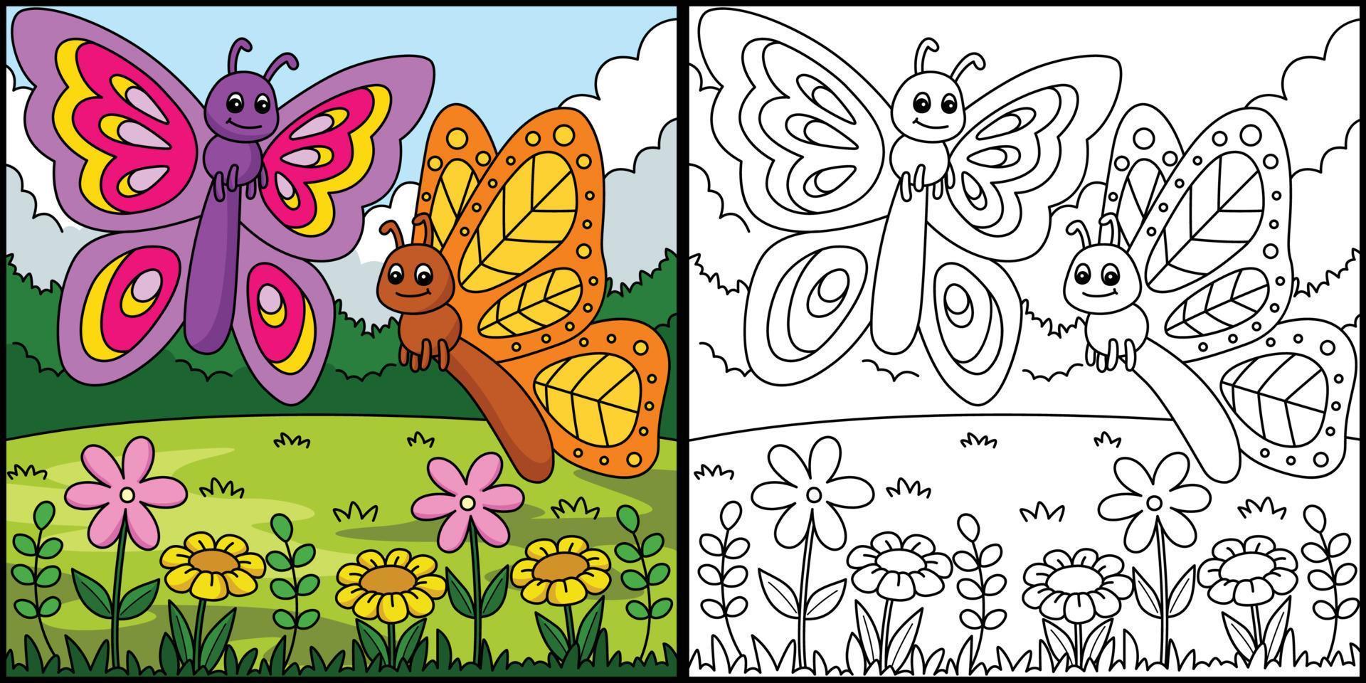 primavera dos mariposas colorante página ilustración vector
