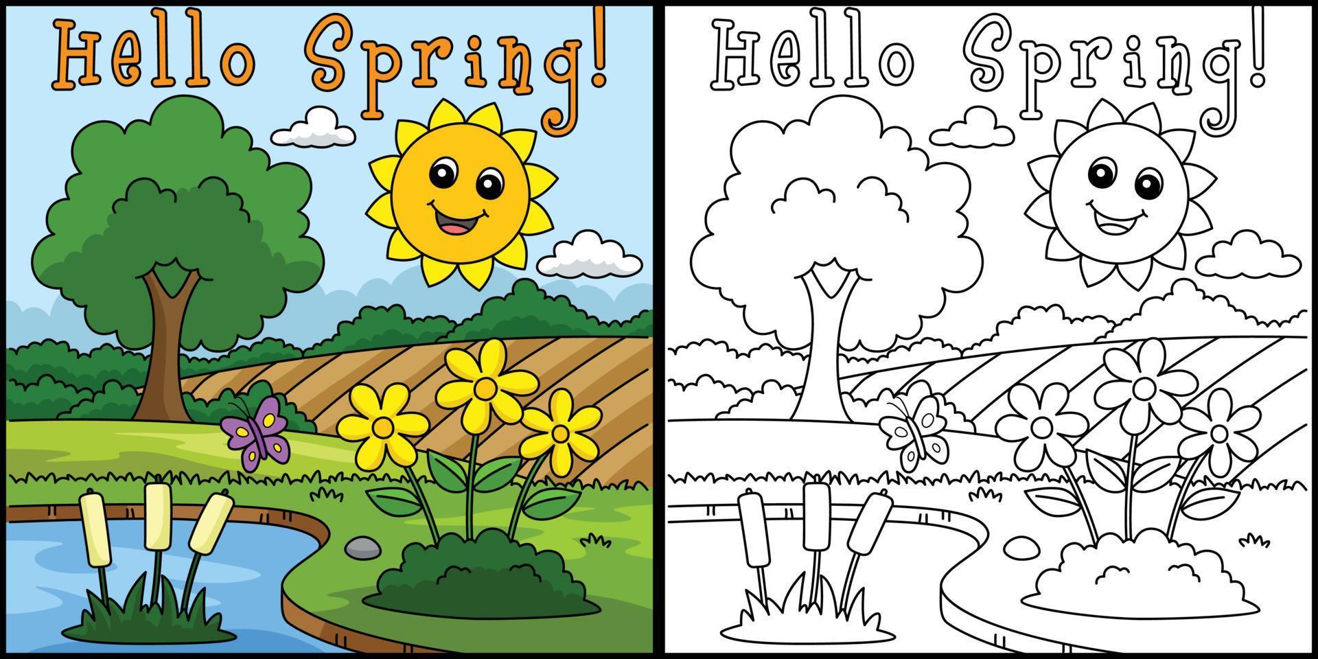 Hello Spring Smiling Sun Coloring Illustration vector