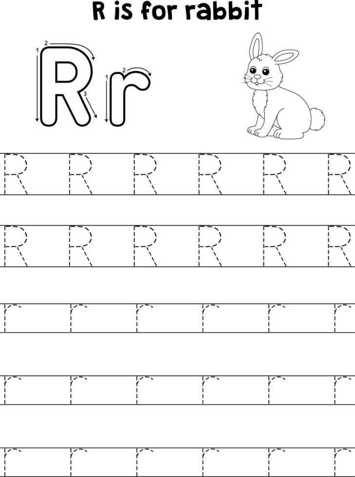 Rabbit Animal Tracing Letter ABC Coloring Page R vector