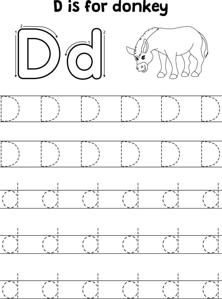 Donkey Animal Tracing Letter ABC Coloring Page D vector