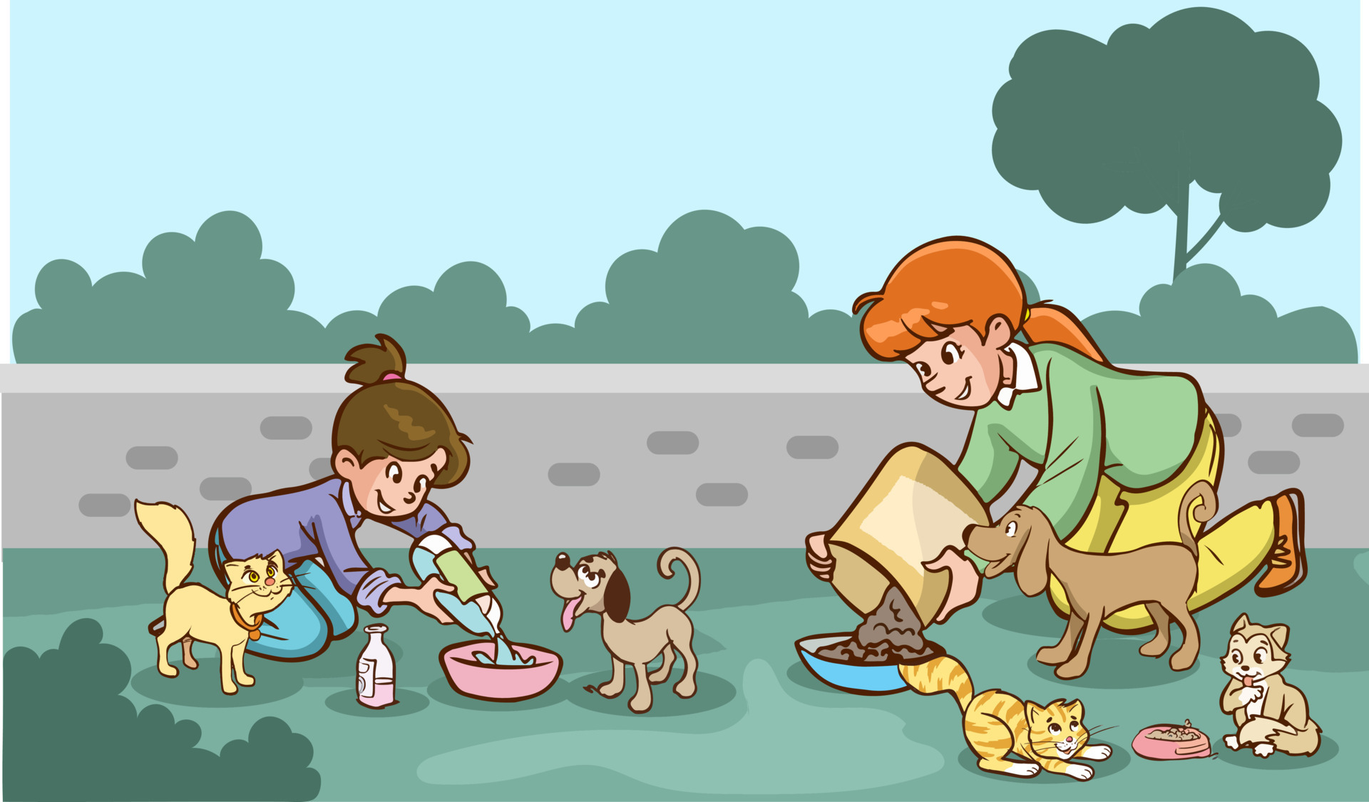 mother-and-kids-feeding-stray-animals-cartoon-vector-20088527-vector
