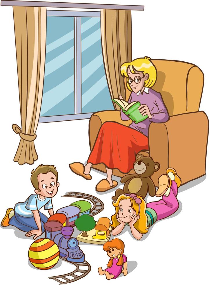 familia dibujo.mujer leyendo libro y niños jugando dibujos animados vector