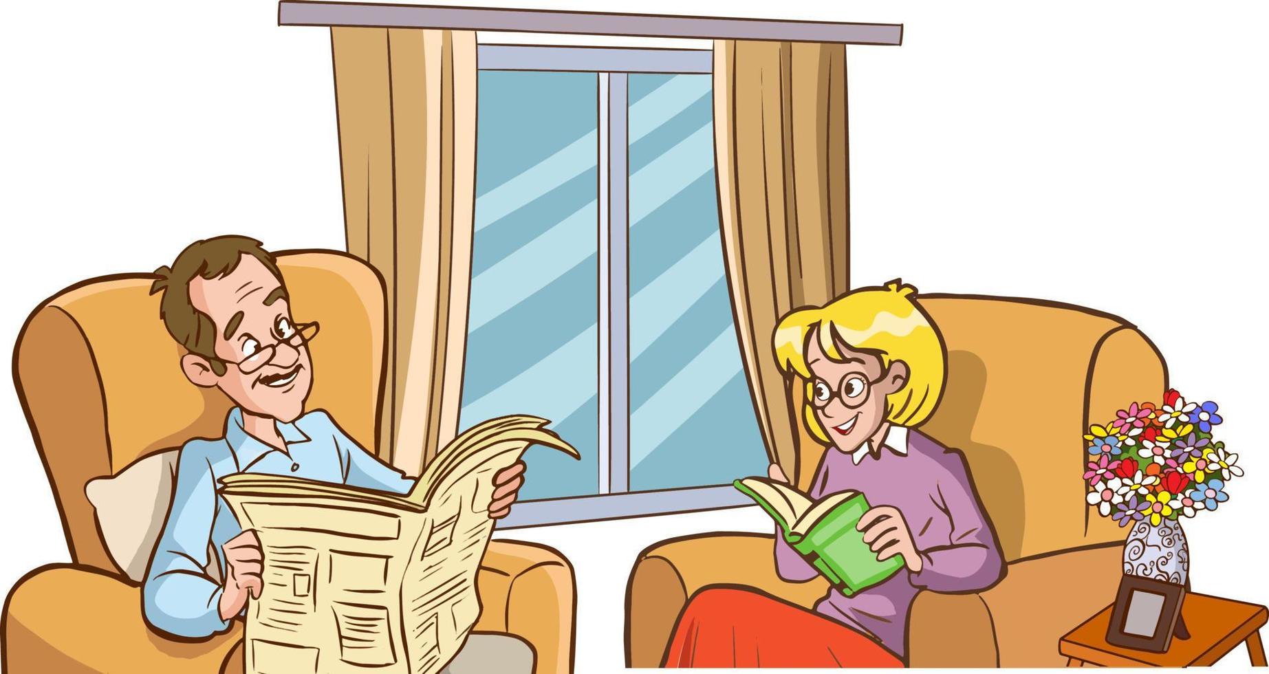 familia dibujo.mujer leyendo libro y hombre leyendo periódico dibujos animados vector