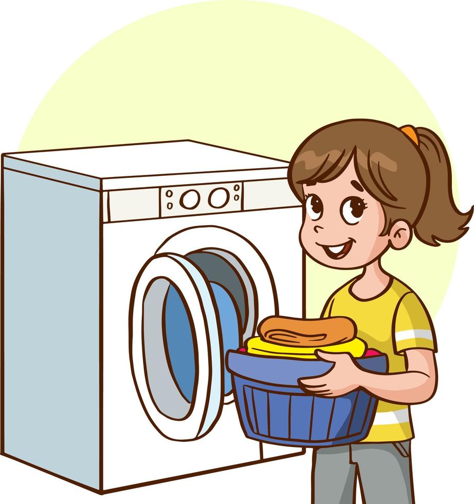 girl washing clothes in the washing machine cartoon vector