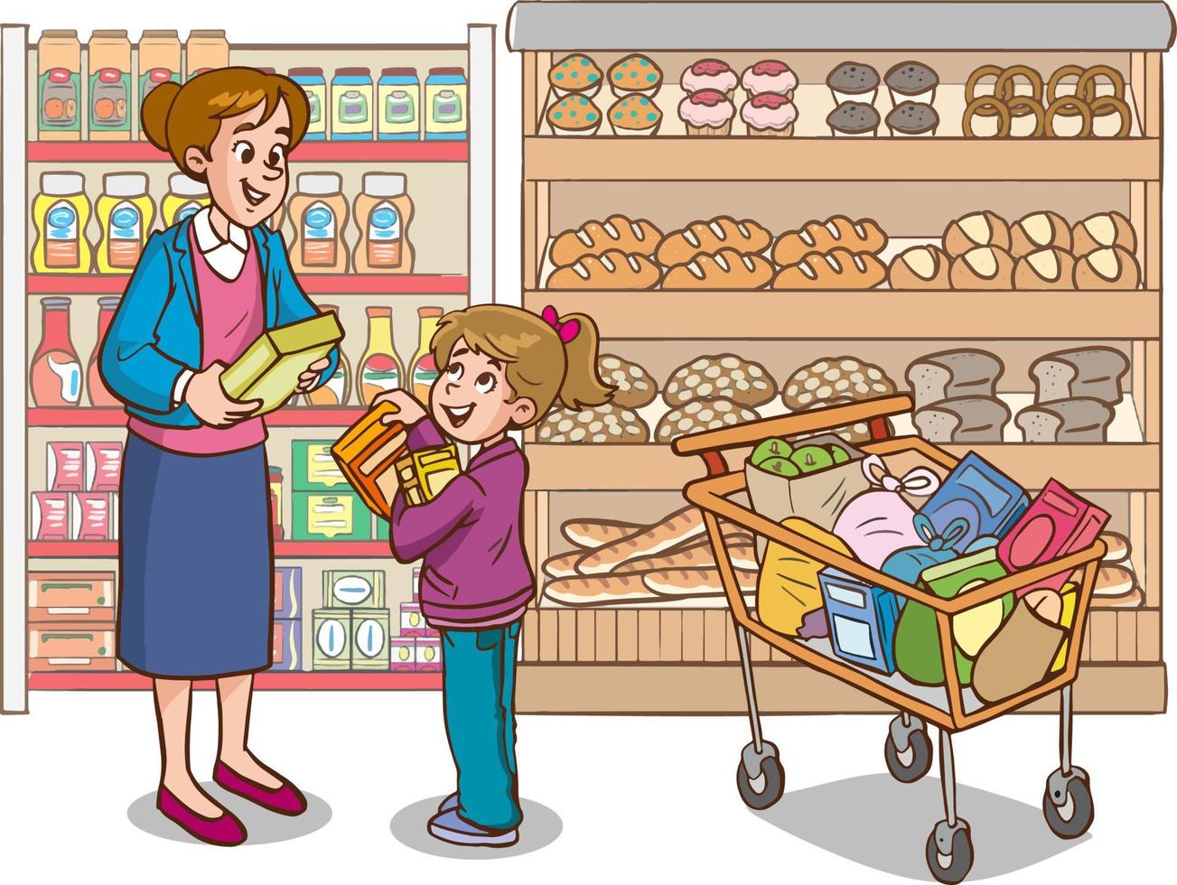 compras niños y familia dibujos animados vector ilustración