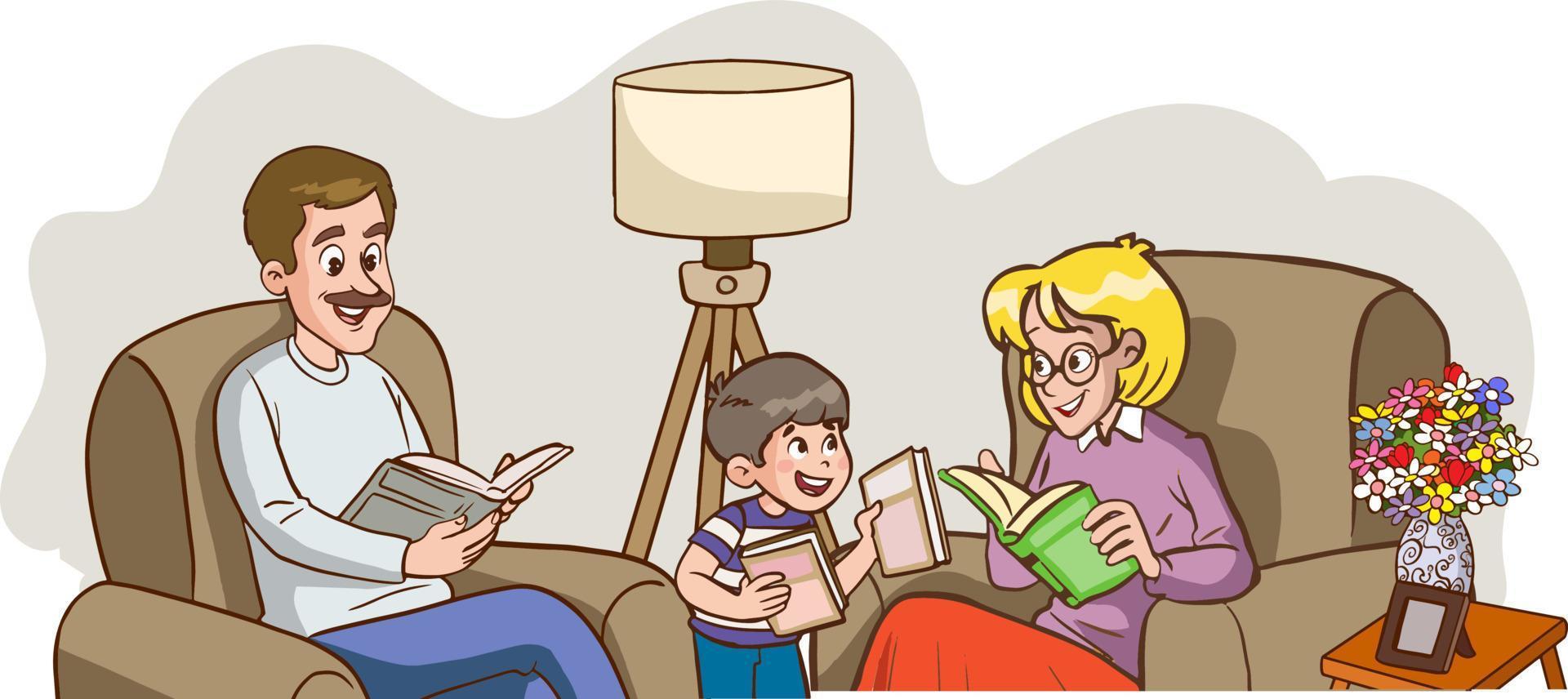 familia dibujo.mujer leyendo libro y niños estudiando dibujos animados vector