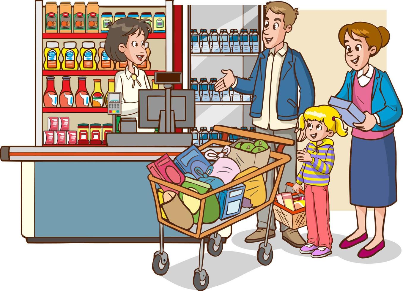 compras niños y familia dibujos animados vector ilustración