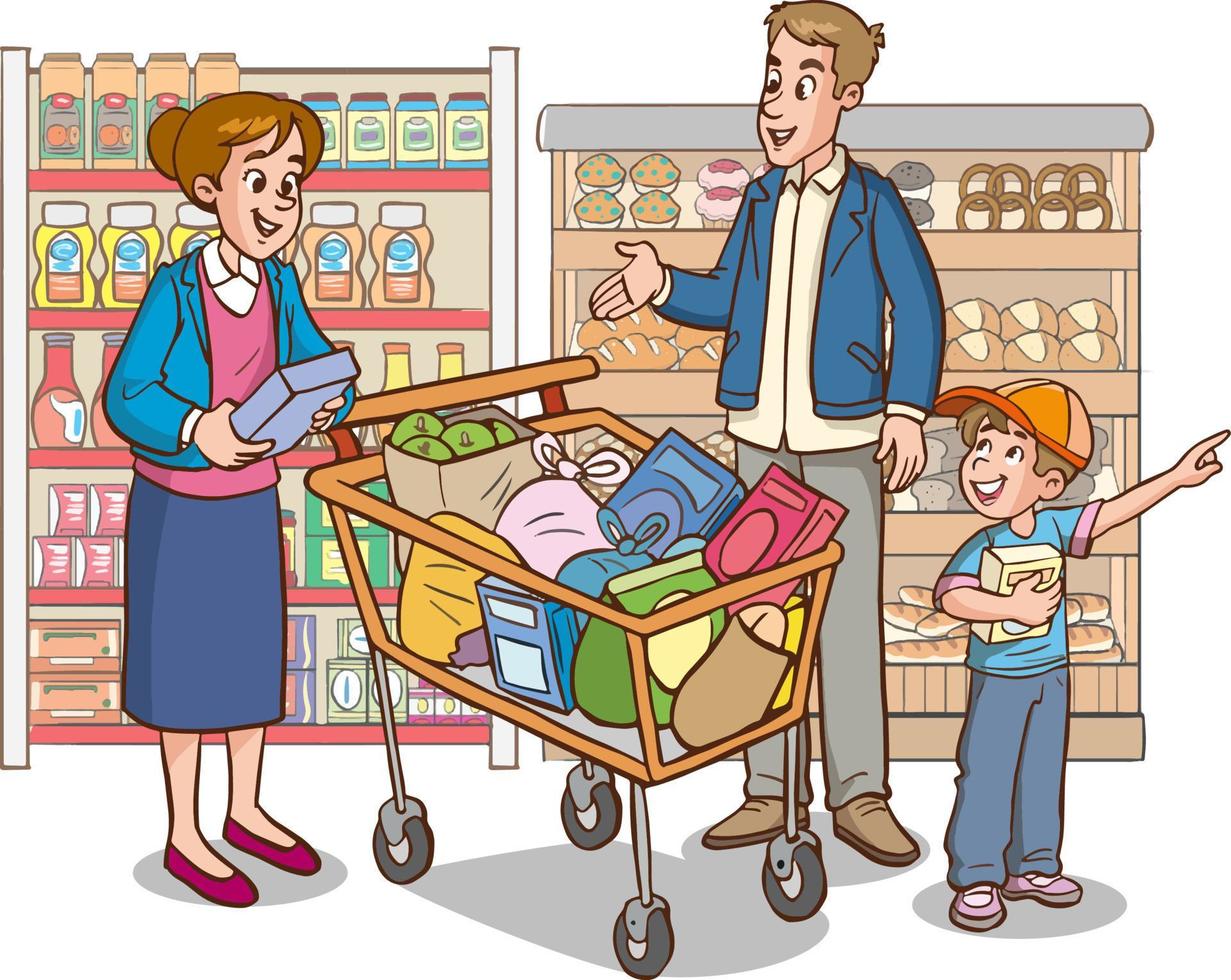 compras niños y familia dibujos animados vector ilustración