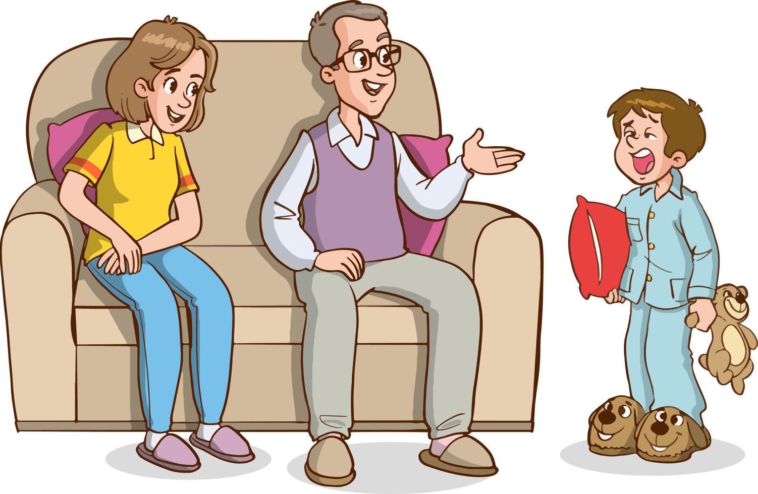 sleepy yawning kids and parents cartoon vector