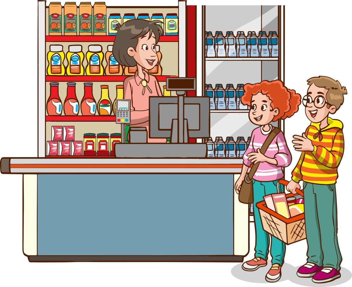 compras niños y familia dibujos animados vector ilustración