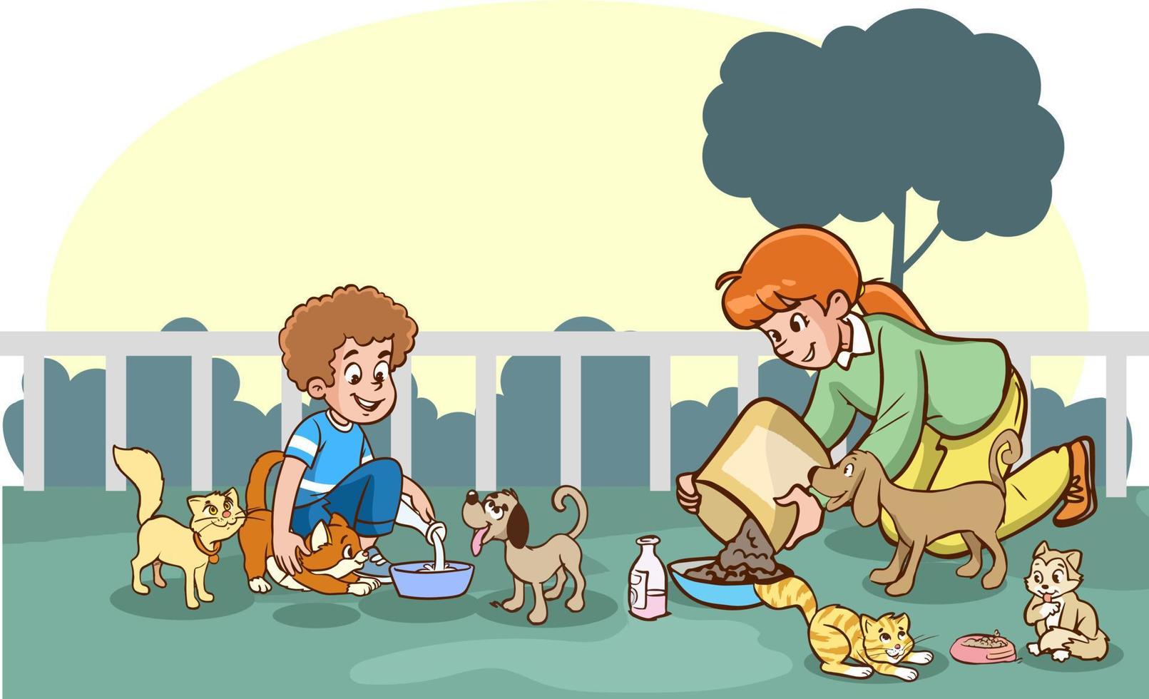 mother and kids feeding stray animals cartoon vector