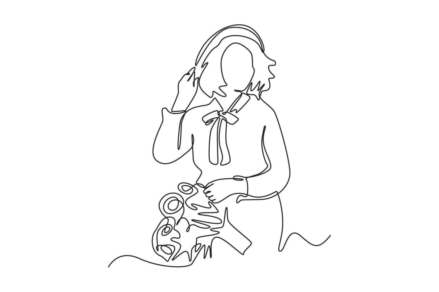 Continuous one line drawing happy woman welcoming spring. Spring concept. Single line draw design vector graphic illustration.