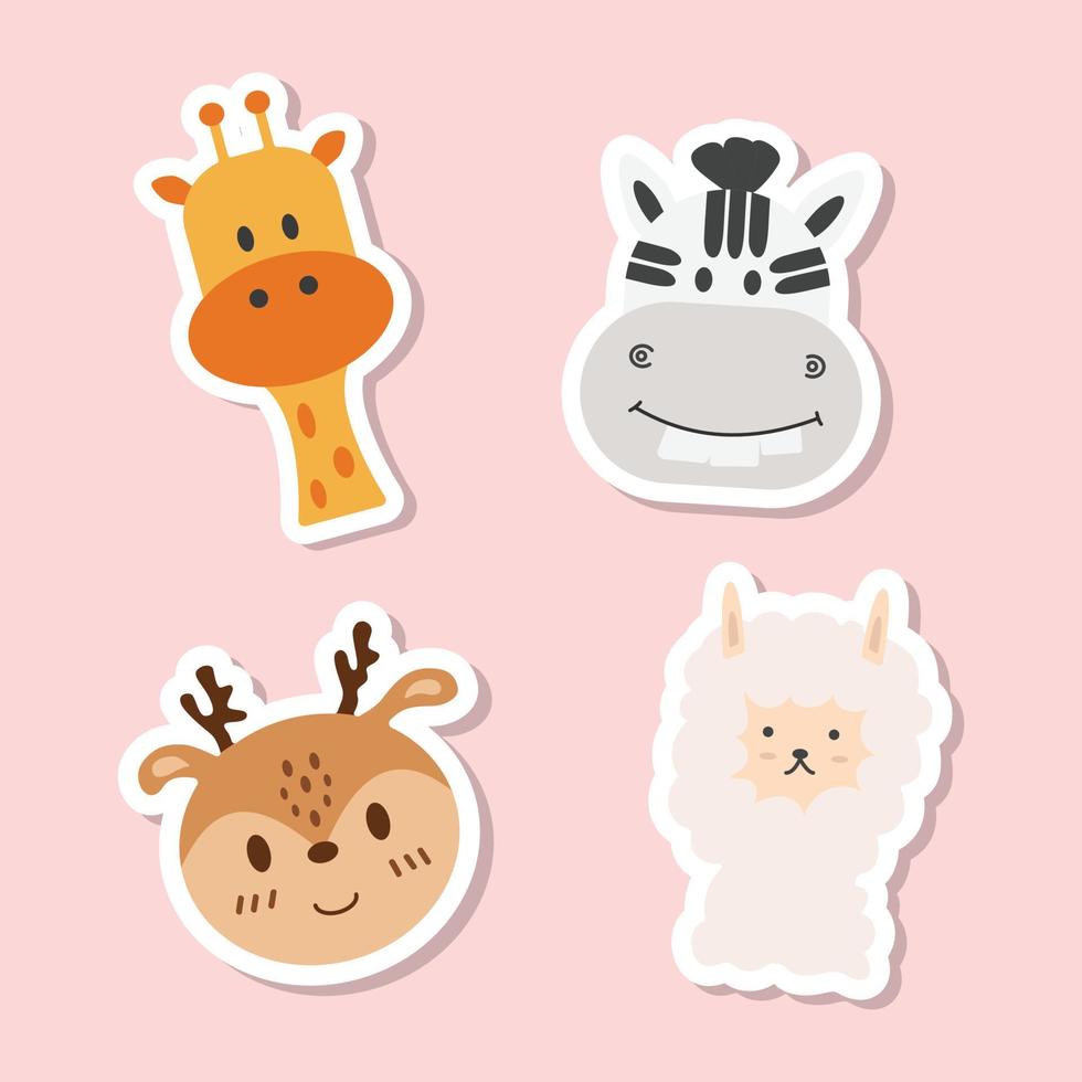 Animal cartoon faces vector icons set. Set of 4 animal giraffe, zebra, deer and alpaca stickers. Hand drawn vector illustration.