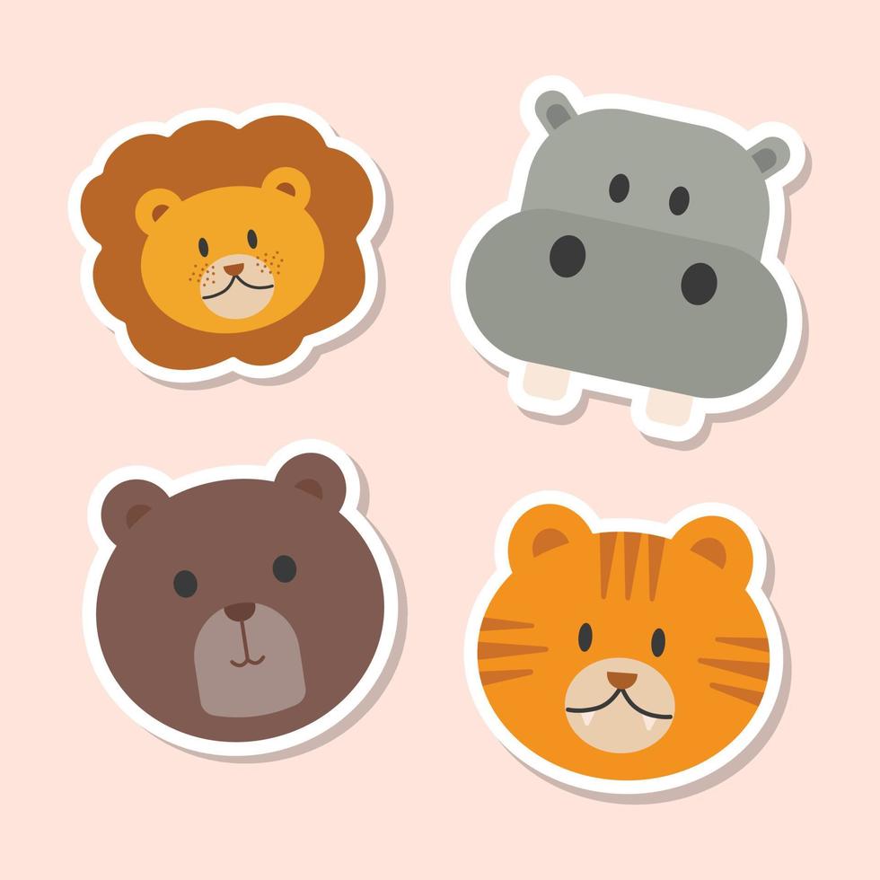 Animal cartoon faces vector icons set. Set of 4 animal lion, hippopotamus, bear and tiger stickers. Hand drawn vector illustration.