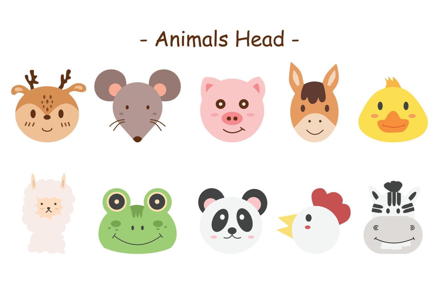 animal dibujos animados cabezas por mano dibujado estilo. vector animal dibujos animados personaje ilustración acerca de ciervo, rata, cerdo, casa, pato, alpaca, rana, panda, gallina y cebra.