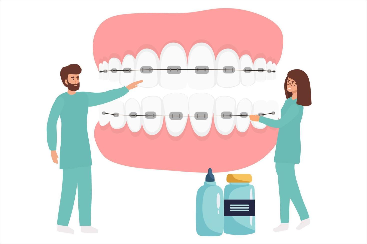 Orthodontist installs dental braces for straightening. Tiny Dentist doctor research X-ray picture of tooth. Dentistry, braces installation, teeth alignment. Prosthetics, Orthodontic treatment, vector