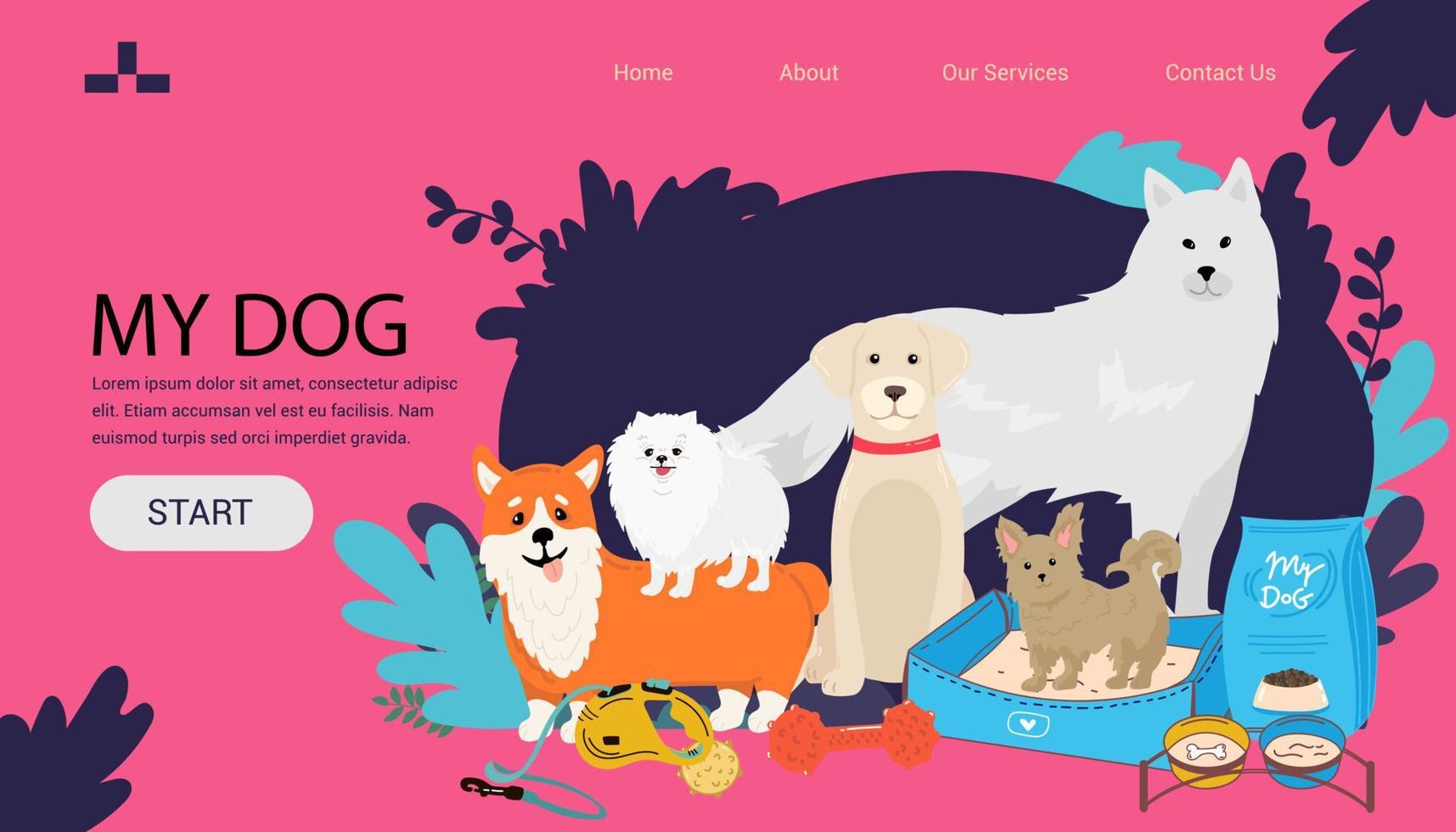 large dogs border set, front view spitz, french mastiff, labrador banner for landing page with goods for dogs vector