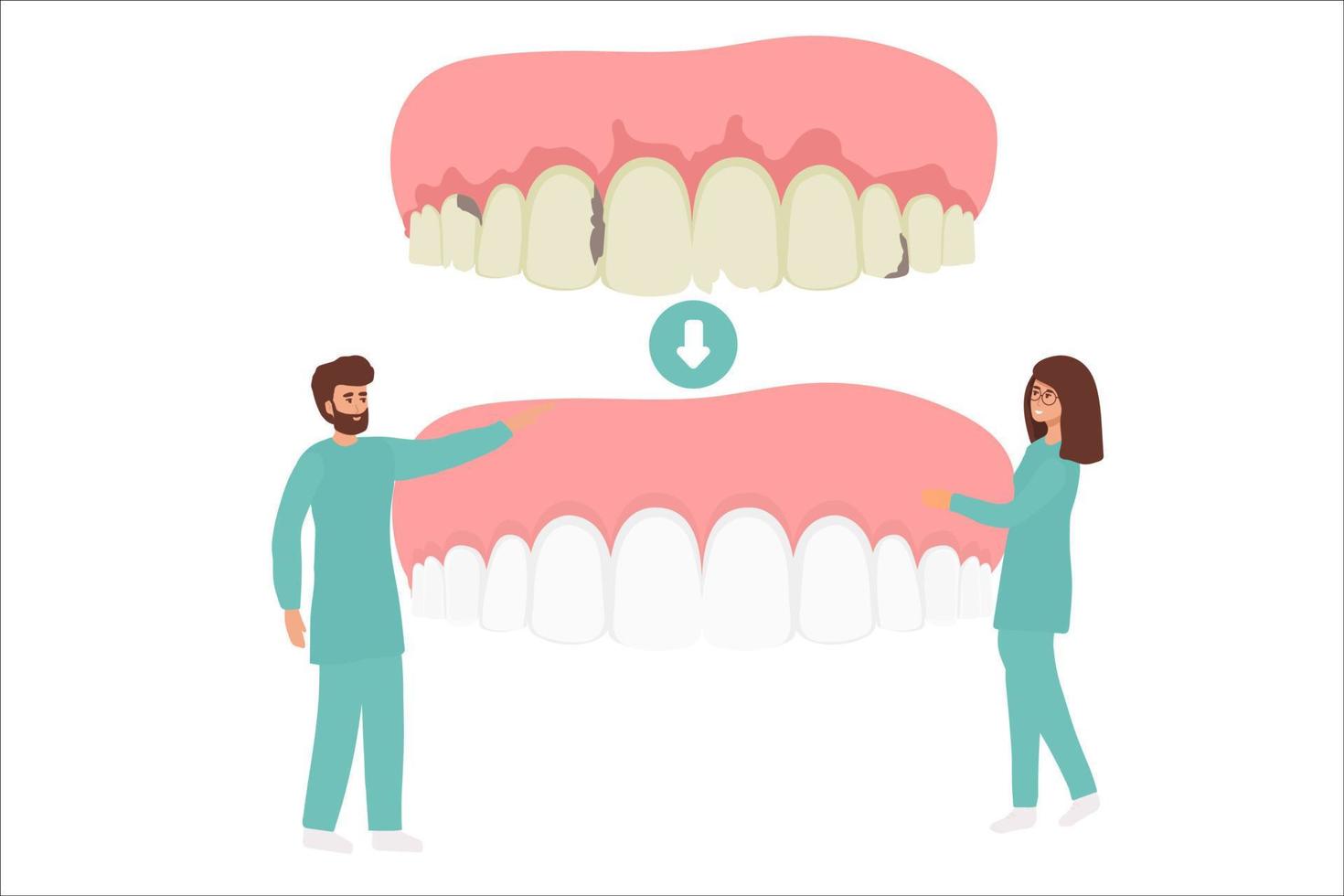 Dental clinic and healthcare concept. Woman and man dentists cartoon characters standing examining state of huge human tooth together vector illustration,