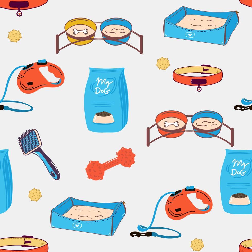 Seamless pattern with hand drawn dogs items. Animals pattern. Dogs background. Good for printing on textiles, wrapping paper, wallpapers. vector