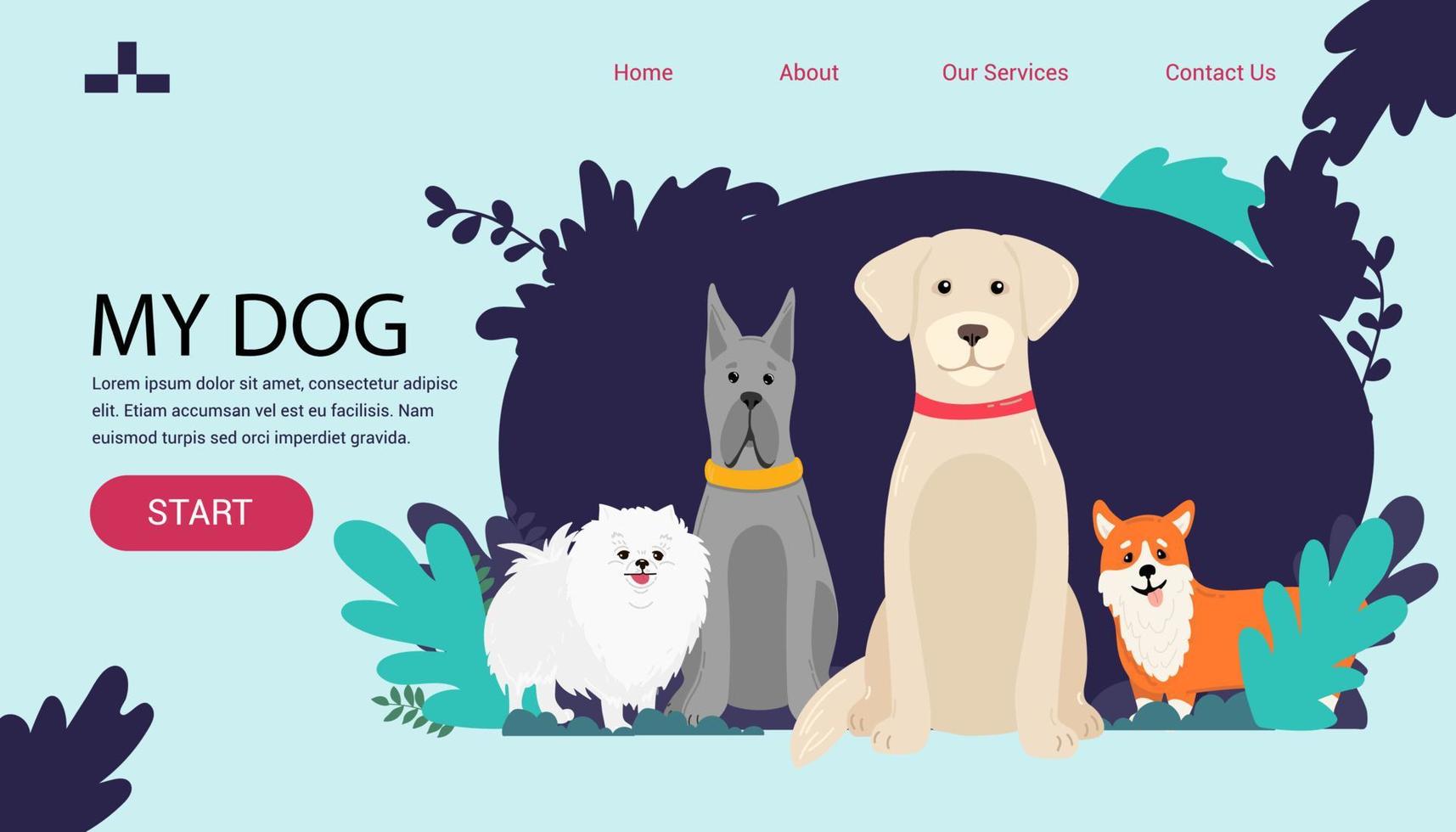 dibujos animados perros corgi bandera aterrizaje página perro de Pomerania, francés mastín, Labrador vector