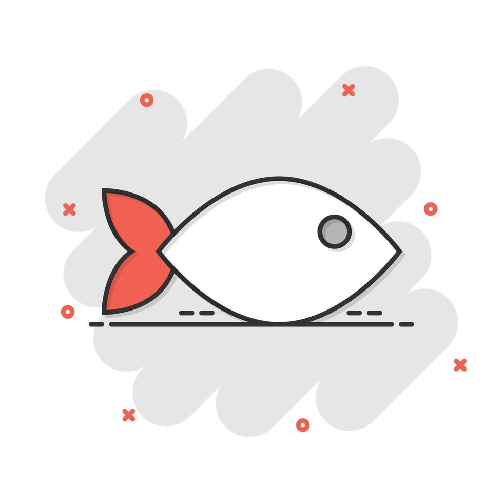 Fish sign icon in comic style. Goldfish vector cartoon illustration on white isolated background. Seafood business concept splash effect.