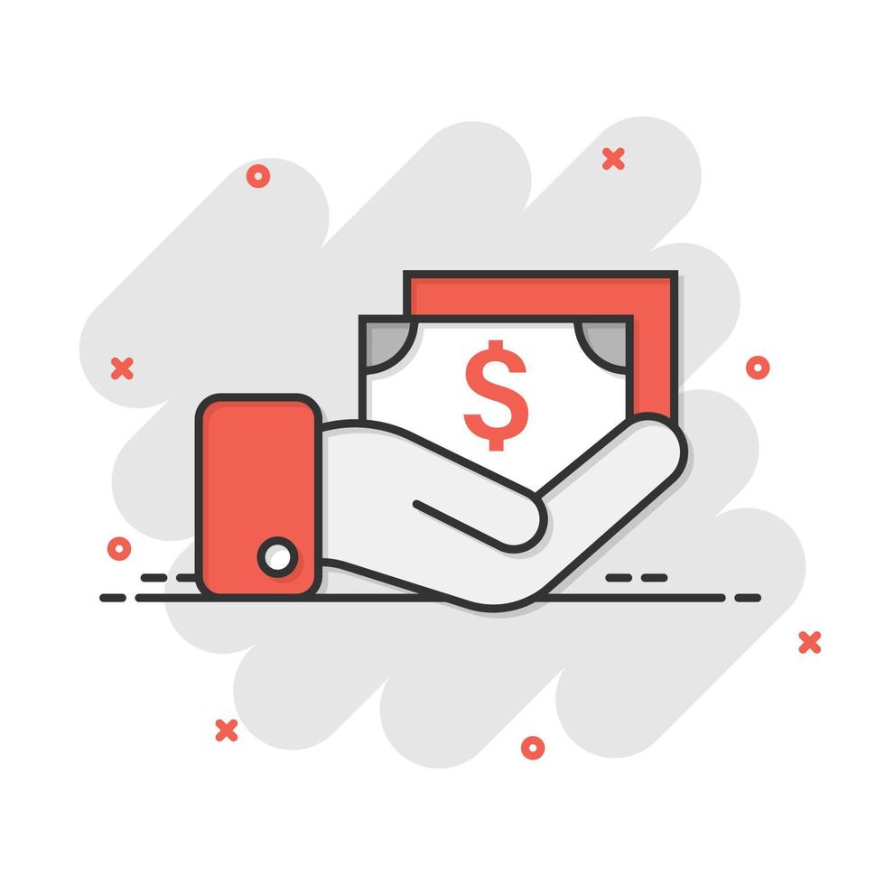 Remuneration icon in comic style. Money in hand cartoon vector illustration on white isolated background. Banknote payroll splash effect business concept.