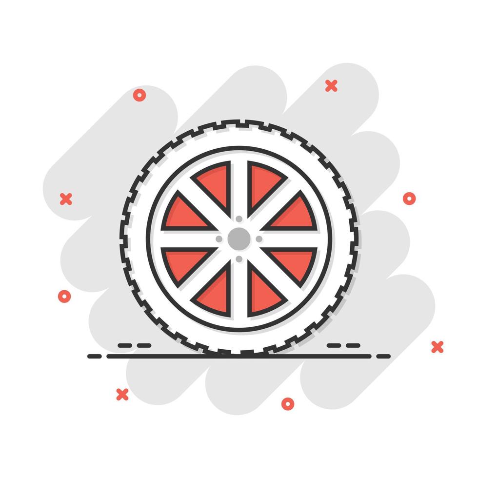 Car wheel icon in comic style. Vehicle part cartoon vector illustration on white isolated background. Tyre splash effect business concept.