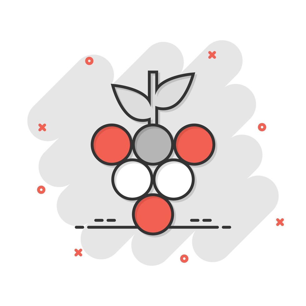 icono de signo de frutas de uva en estilo cómico. ilustración de dibujos animados de vector de vid sobre fondo blanco aislado. efecto de salpicadura de concepto de negocio de uvas de vino.